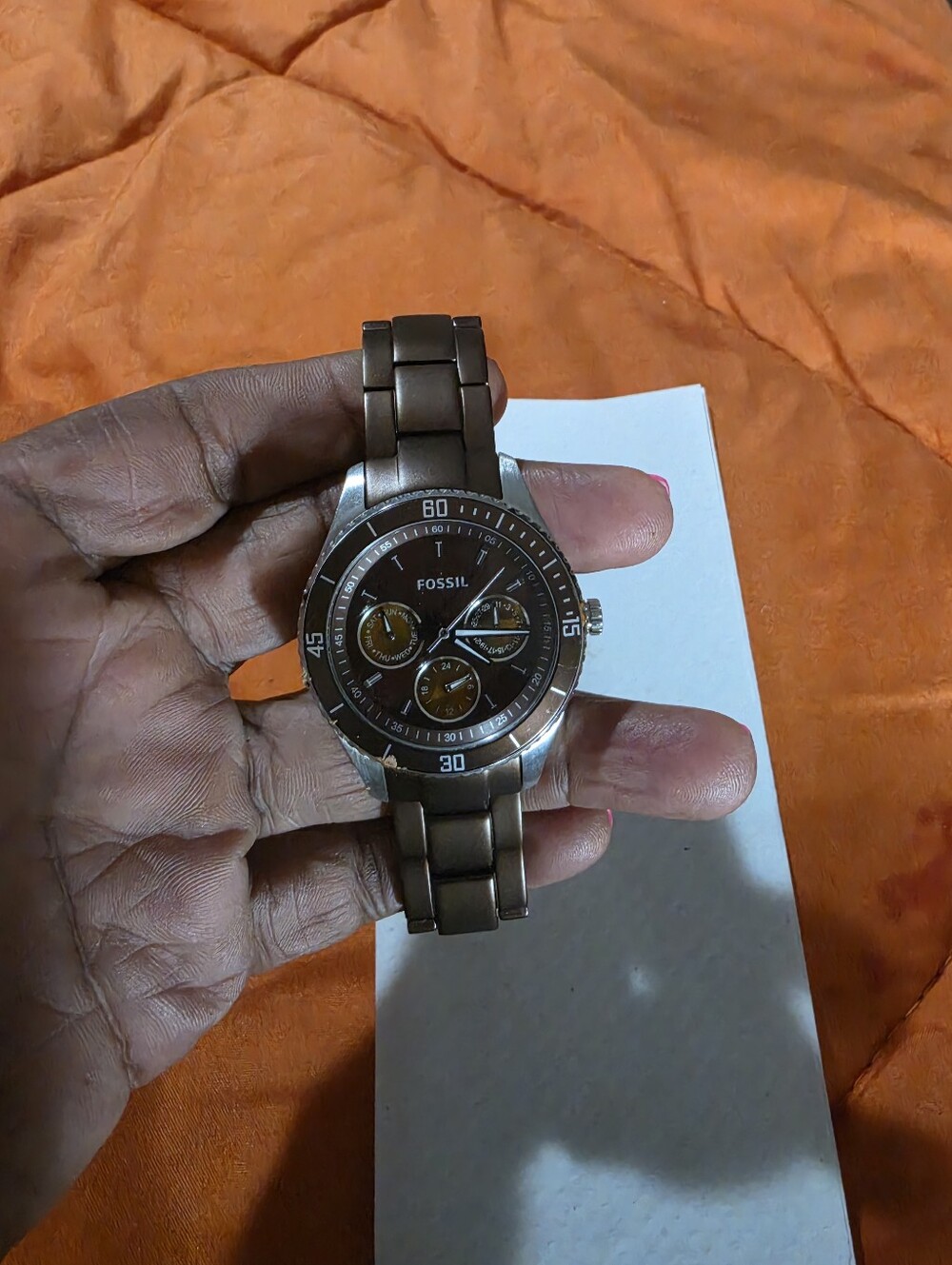 WomensFossil Brown Metal Link Chronograph Watch
